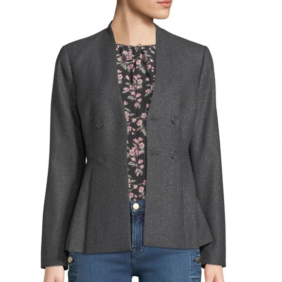 REBECCA TAYLOR Wool Silk Blazer Herringbone Peplum Double Breasted Gray, Size 10 - Picture 2 of 16